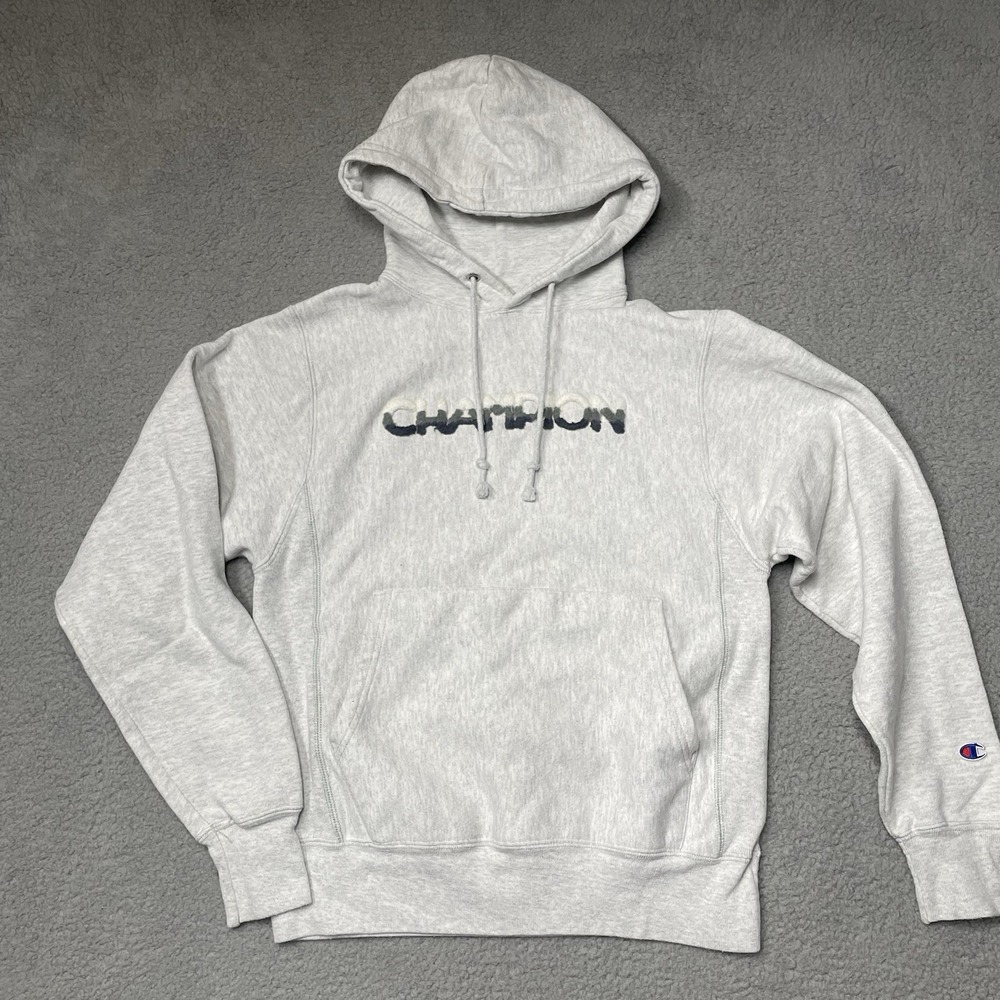 Champion Reverse Weave Hoodie Men Small Gray Vintage Y2K Spell Out Logo Pullover